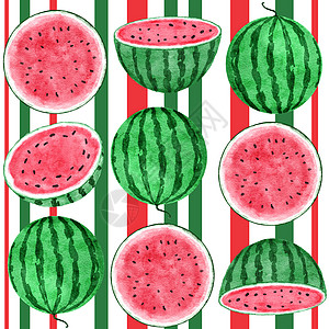 水彩手绘制的无缝图案包括西瓜水果和条纹 红色绿色热带食物 明亮的暑假背景 多汁的纤维天然植物设计配有几何元素图片
