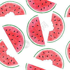 水彩手绘无缝图案与西瓜水果 红色绿色热带食品 明亮的暑假背景 多汁的新鲜天然植物设计与几何元素纺织品食物墙纸甜点条纹打印织物花园图片