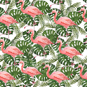 水彩手画出无缝模式的粉红火烈鸟和热带绿色野兽树叶 棕榈树树叶背景 暑假概念 请用纸牌邀请T恤装饰纺织品打印图片