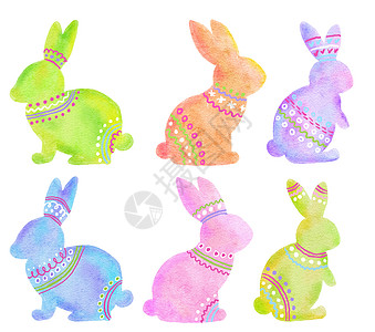 手绘春天水彩手绘复活节兔子在蓝绿色粉红色橙色柔和的颜色 春季四月庆典设计 可爱的动物装饰着民族饰品 有趣的印花背景
