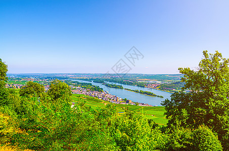 莱茵河峡谷或上中莱茵河谷的空中全景天空农业蓝色环境风景天线场地地平线爬坡树木图片