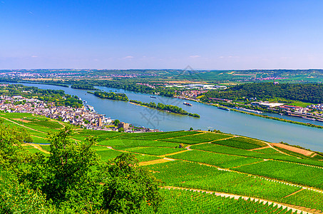 莱茵河峡谷或上中莱茵河谷的空中全景爬坡农村酿酒蓝色树木地区旅行农业地平线环境图片