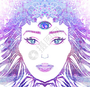 有第三眼 心智超自然感觉的女人瞳孔眼睛女士女孩插图感官紫色粉色女性佛教徒图片