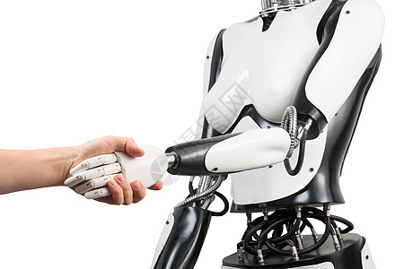 机器人和成年男子握手握手握手 在白色背景中被孤立图片