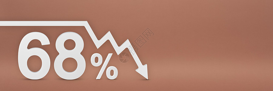 百分之六十八 图表上的箭头指向下方 股市崩盘 熊市 通货膨胀 经济崩溃 股票崩溃 3d 横幅 红色背景上的 68% 折扣标志图片