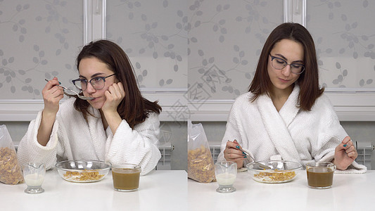 一名身着白外套的年轻女子正在吃麦片 喝咖啡 睡觉和开心 女孩们在吃早餐时 用两个屏幕拼凑在一起薄片杯子玉米谷物青少年快乐厨房主妇图片