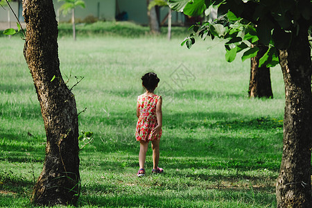 穿着红花裙的可爱笑脸小女孩在公园绿色草地上散步和玩乐 童年的概念是 小男孩想像力孩子晴天家庭乐趣裙子探索快乐操场女孩图片