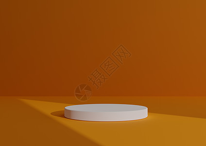 简单 最小的 3D 渲染组合与一个白色圆柱台或站在抽象阴影霓虹橙色背景上 用于产品展示三角形光指向产品图片