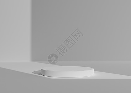 简单 最小的 3D 渲染组合与一个白色圆柱讲台或站在抽象阴影白色或浅灰色背景上 用于来自右侧的产品展示窗口灯背景图片
