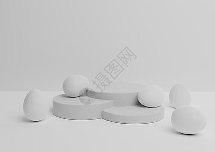 复活节主题产品展示台或展台组合的白色 浅灰色 黑白 3D 渲染 彩蛋最小 简单 适用于多种产品图片