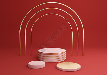 光亮 深红色3D 以简单产品展示的圆柱形讲台 配有奢华金拱门和三线线 其背景抽象构成极少图片