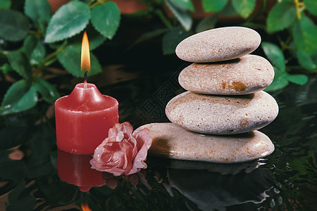 与Zen Stone Candle和植物在水中生活在一起 和谐 放松和保健 传统的东方精神概念头脑反射按摩金字塔岩石福利冥想植物图片