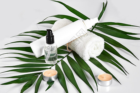 白色化妆品和白色背景的绿叶 天然美容产品 用于品牌模型概念 掌声皮肤身体包装美丽皮肤科保湿洗剂瓶子温泉树叶图片