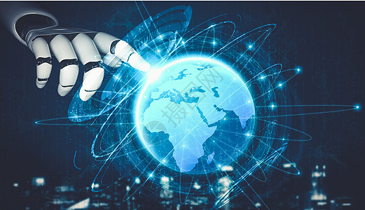 AI 机器人机器人或机器人的未来人工智能和机器学习机器智力软件通讯全球手臂商业分析全世界社交背景图片