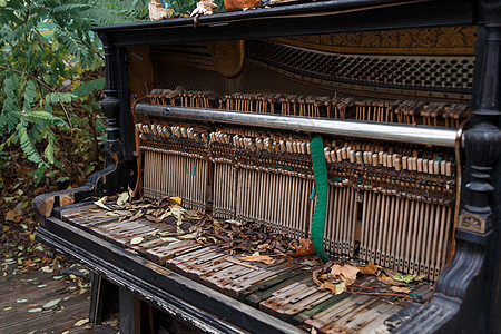 古老的废旧钢琴的内脏图片