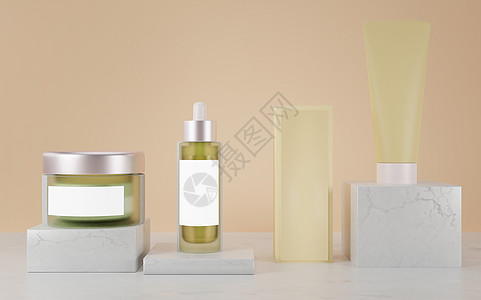 各种空白的化妆品容器模拟装配 罐子 奶油管和喷水器 在蜜蜂背景上隔离图片