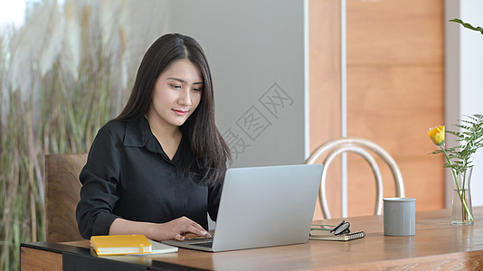 在她办公室用笔记本电脑工作的专业商业妇女 专业商业妇女图片