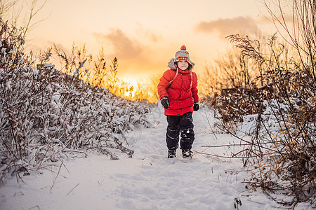 穿红冬服的可爱男孩在雪中玩得很开心 冬季乐趣出门概念活力快乐场地假期婴儿新年季节孩子幸福男生图片