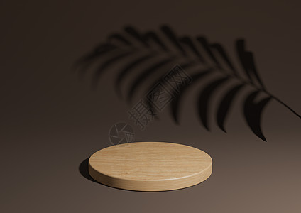 深棕色简单的3D使最起码的天然产品显示成分以一个木质讲台或背面有棕榈叶影子图片