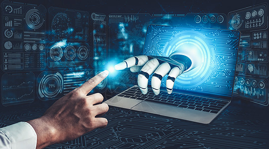 AI 机器人机器人或机器人的未来人工智能和机器学习市场男人数据图表利润电脑策略投资经济信息图片
