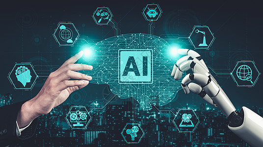 AI 机器人机器人或机器人的未来人工智能和机器学习商务算法智力挖掘深度分析头脑编程电子人机器图片