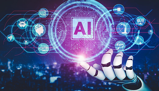 AI 机器人机器人或机器人的未来人工智能和机器学习虚拟3d开发技术思维电子人编程电脑商务设计图片