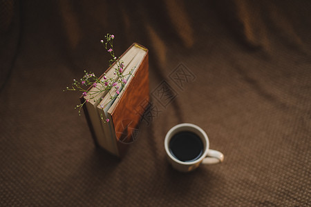 一本书 里面有花和咖啡 在暗底背景的顶视图上礼物乡村图书馆作品香气小样艺术笔记本情绪饮料图片
