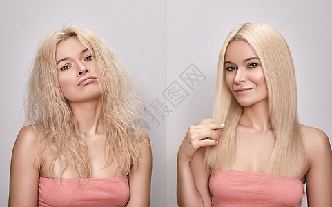 头发样式前后的女人 长着小嘴脸和快乐面孔的有趣女孩 Keratin治疗白发图片