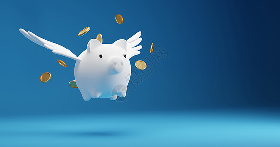 钱飞养猪银行的储蓄概念设计 配有翅膀飞翔和蓝底金币3D背景