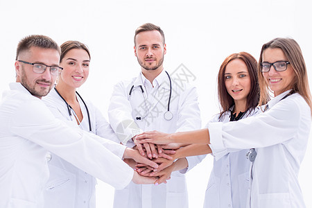 一群年轻的医生 把他们的手掌放在一起护士诊所会议喜悦同事团队合作专家保健动机图片