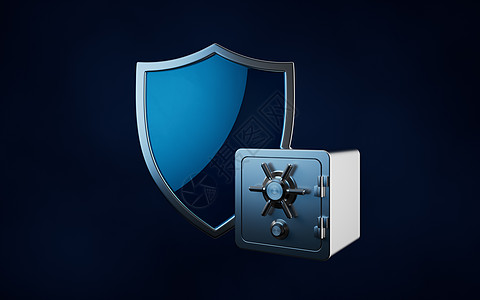 光滑护盾和保险箱 3D铸造订金金属蓝色代码密码网络框架招架渲染技术图片