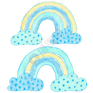 水彩手在云中画出蓝色黄彩虹的插图 男孩婴儿淋浴设计用于请柬聚会 幼稚园剪辑是软糊色 对孩子来说是现代最起码的印刷品图片