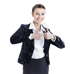 笑着的女商务人士举起拇指 在白色上被孤立快乐女士手势成人喜悦协议教育商业商务人士图片