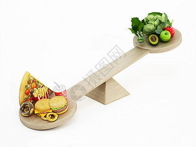 快速食品与健康食品在木锯两端 三维插图示图片