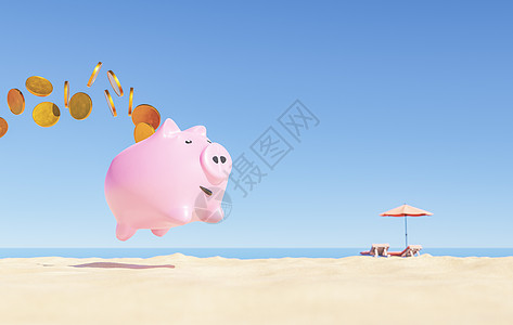 用硬币跳过沙海岸的猪银行图片