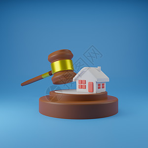 3D律师和3D不动产概念 房屋模型和锤子律师 第3d条作了说明金融钥匙代理人经纪人法律银行交易顾客拍卖财产图片