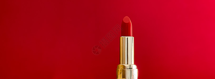 用于美容品牌产品设计的彩色背景金管红色唇膏 奢侈化妆品和化妆品奢华生物美丽假期金子季节唇彩管子展示礼物图片