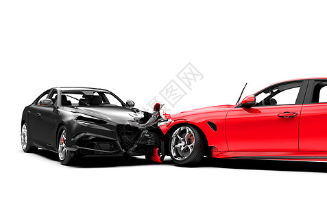两辆车之间的事故 一辆红色和一辆黑色 隔离在白色图片