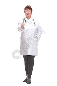带着拇指举起手势的快乐微笑的女医生图片