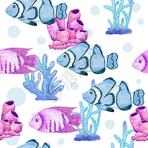 水彩手绘无缝图案与水下海洋航海动物贝壳鱼 紫蓝色海马海藻水母 海洋暑假海滩背景 绿松石织物印花薄荷紫色海蜇支撑热带绘画海鲜旅行珊图片