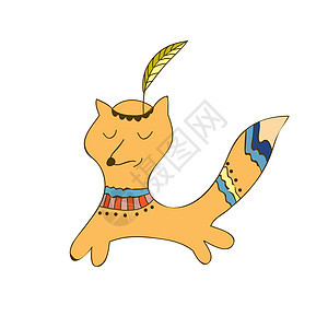 卡通可爱的板状狐狸 头顶有印地安羽毛图片