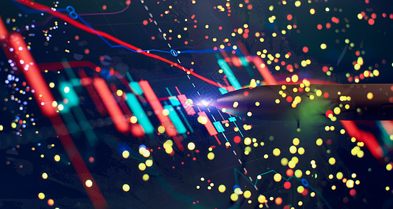屏幕上的价格图表和笔指示数 蓝屏主题 市场波动 上升趋势与下行趋势的红绿烛台图安全势头贸易体积库存服务商品信号投资外汇图片