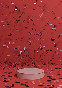 明亮 深红色3D投影产品展示纪念周年庆典产品 在讲台上用彩纸条和金线庆祝奢侈品简单 最起码的背景面貌的盛宴图片