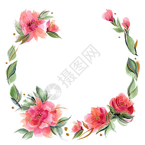 粉红花环 香香玫瑰花朵玫瑰印花布邀请函花园植物边界日工植物学框架印花图片