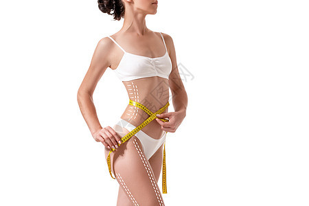 女性身上的绘画箭头是孤立在白色上的 脂肪流失 抽脂和切除纤维素的概念泳装躯干饮食燃烧臀部屁股腰部皮肤营养素内衣图片