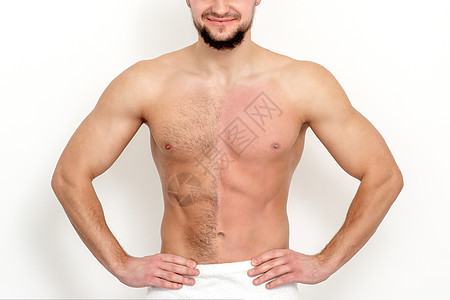 在毛发之前和之后 都用裸露的胸膛的人头发男性皮肤科美容师身体躯干卫生胸部程序刮胡子图片