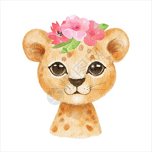 以卡通风格的花朵绘制非洲幼小野猫的脸 在白色背景中孤立 为孩子们张贴海报和纸牌而画的水颜色甜豹 丛林动物 (笑声)图片