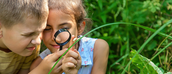 孩子透过放大镜看蜗牛 有选择的聚焦点 笑声学校昆虫玻璃植物学冒险花园学习男生女孩公园图片