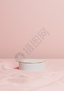 柔和 淡红色 鲑鱼粉色 3D 渲染最小产品展示一个豪华圆筒讲台或站在波浪形纺织产品背景墙纸抽象组合与金线图片