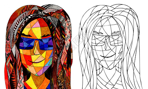 与一个幻想女郎的彩色页面 手绘画 沾染玻璃肖像女士绘画青年女孩流行填色本头发嘴唇女性插图图片